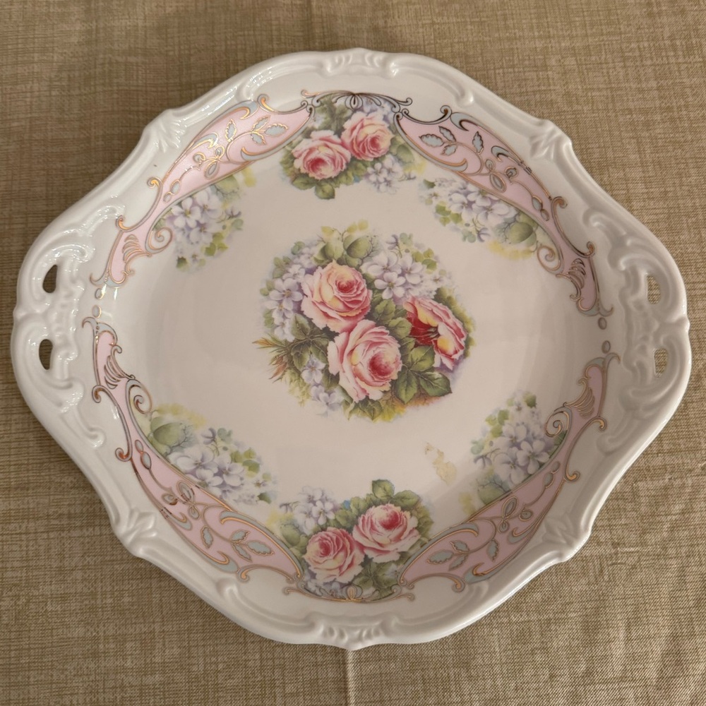 Vintage Limoges Plate Pink Floral Gold Swag Handles New In Box, Bought in Europe